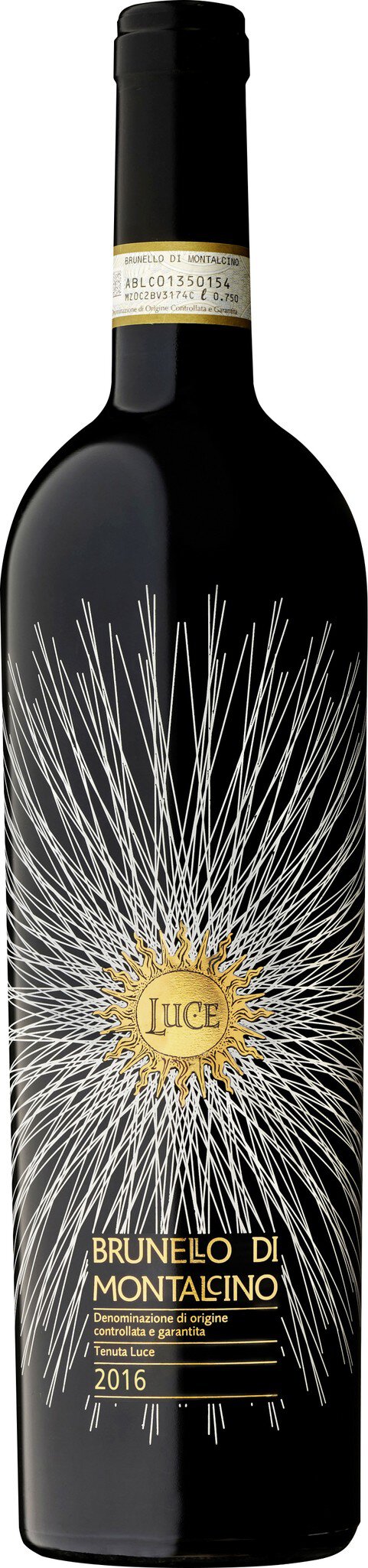 Eine Flasche Wein mit einem schwarz-goldenen Etikett. Das Design zeigt strahlenförmige Muster, die von einer goldenen Mitte ausgehen. Die Flasche hat einen langen Hals und einen schwarzen Korken.