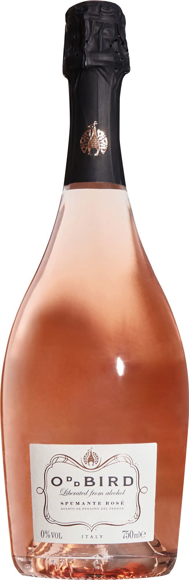 Eine Flasche rosé Sekt steht aufrecht, mit einem eleganten Etikett und einem schwarzen Korken. Der Sekt reflektiert das Licht und hebt sich vor einem neutralen Hintergrund hervor.