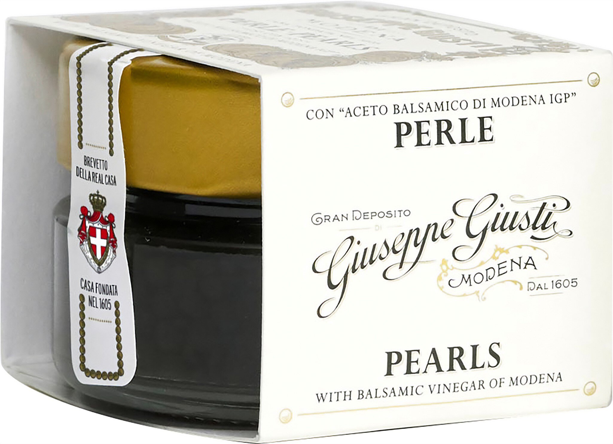 Schwarzes Glasbehälter mit goldfarbenem Deckel, beschriftet mit dem Namen -Georges Genset- und dem Wort -Perle-. Darin befinden sich Perlchen, vermutlich Lebensmittel, in einem eleganten Verpackungsdesign.