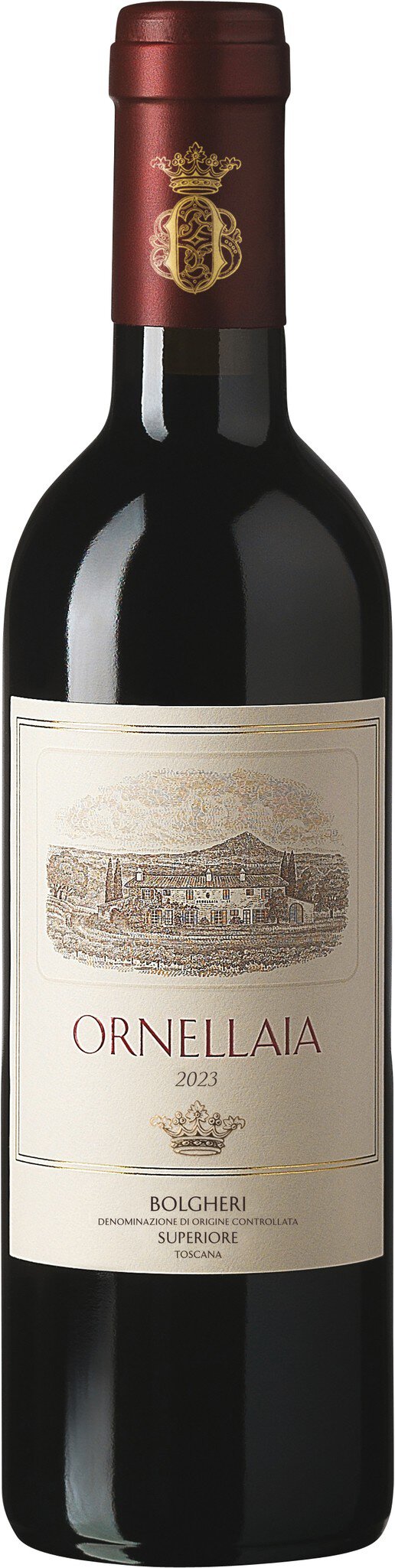 Eine Flasche Rotwein steht aufrecht. Die Flasche hat ein etikettiertes Design mit einer hellen und dunklen Farbgebung. Sie wirkt elegant und ist im Fokus des Bildes.