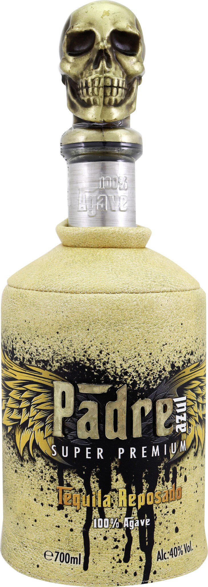 Eine Flasche mit einer Schädelkappe, die Tequila enthält. Die Flasche ist gelb und mit schwarzem Text verziert. Im Hintergrund ist keine weitere Information oder Umgebung zu sehen.