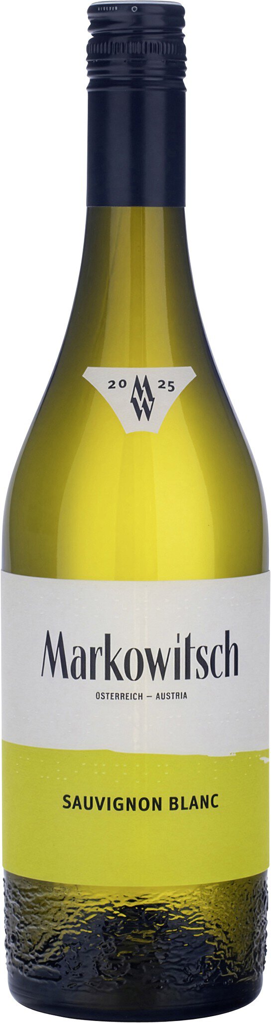 Ein Flasche Weißwein steht aufrecht. Der Körper der Flasche ist transparent mit einem gelben Etikett, das den Namen -Naturidich- zeigt. Der Korken oben ist dunkelblau.