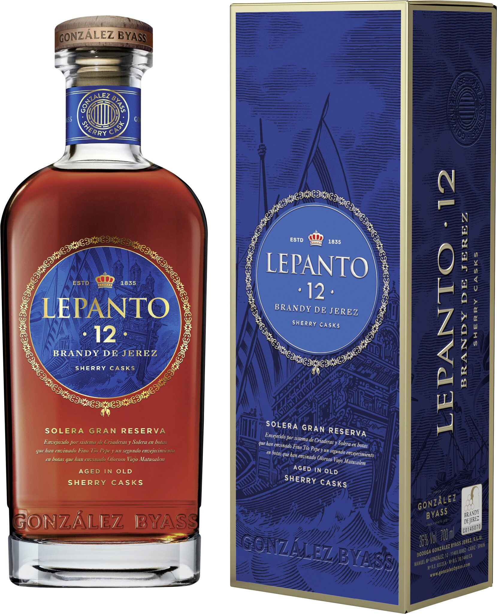Spirituosenflasche, Bernsteinfarbene Flüssigkeit, Glasflasche, Blaues Etikett, Blaue Verpackung
