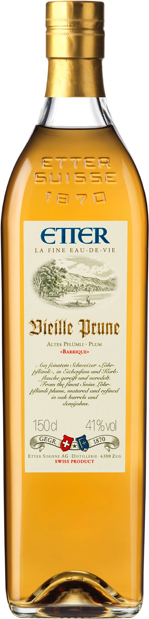 Eine Flasche mit goldfarbenem Inhalt, die einen stilvollen, goldenen Verschluss hat. Das Etikett auf der Flasche zeigt den Namen des Produkts sowie einige Zertifizierungen und Herkunftshinweise.