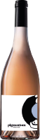 Eine Flasche Roséwein steht auf einem neutralen Hintergrund. Die Flasche hat einen langen Hals und ein etiket mit minimalistischem Design in Schwarz und Weiß.