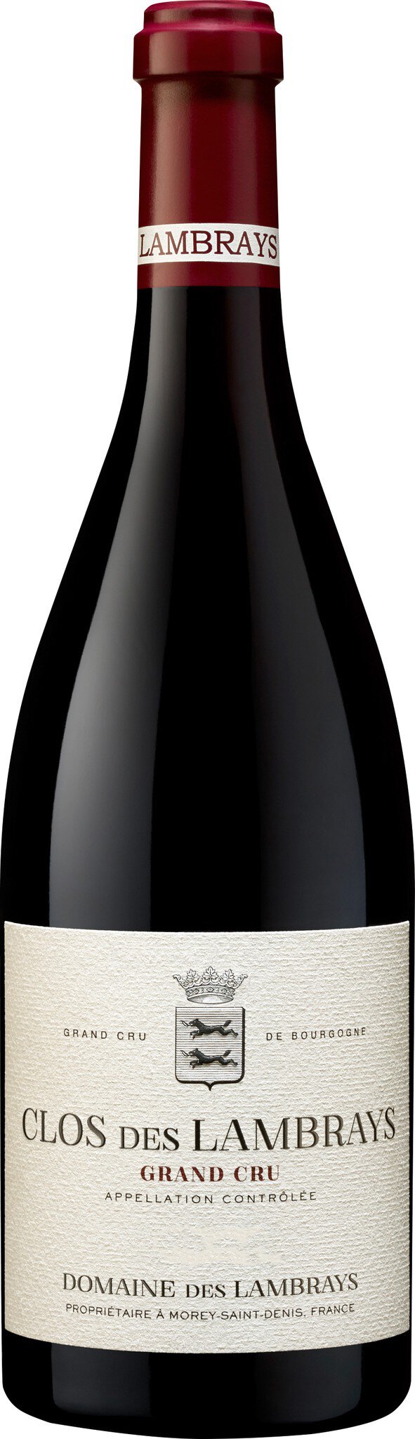 Ein Weinflasche mit rotem Korken und einem eleganten Etikett. Die Flasche hat eine bauchige Form und steht auf einem neutralen Hintergrund.