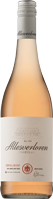 Eine Flasche roséfarbenen Weins steht auf einem neutralen Hintergrund. Die Flasche hat einen schmalen Hals und einen Silberverschluss. Auf dem Etikett ist der Schriftzug des Weins sowie einige dekorative Elemente zu sehen.