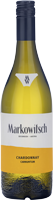 Eine Flasche Weißwein steht aufrecht. Der markante grüne Glasbehälter hat einen langen Hals und trägt ein Etikett mit dem Namen -Kahlenbach-. Der Boden ist etwas breiter.