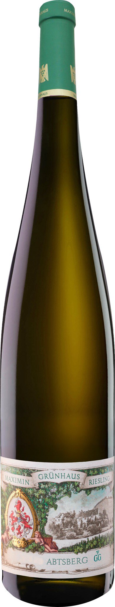 Eine Flasche Weißwein mit einer langen, schlanken Form. Der Flaschenhals hat eine grüne Kappe, und das Etikett zeigt eine bunte Illustration.