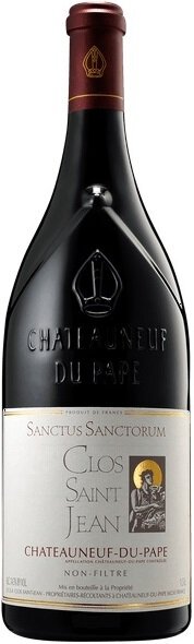 Eine große, schwarze Weinflasche mit einem eleganten Design. Auf dem Etikett sind verschiedene Schriftarten und ein Wappen abgebildet. Der Korken ist rot.