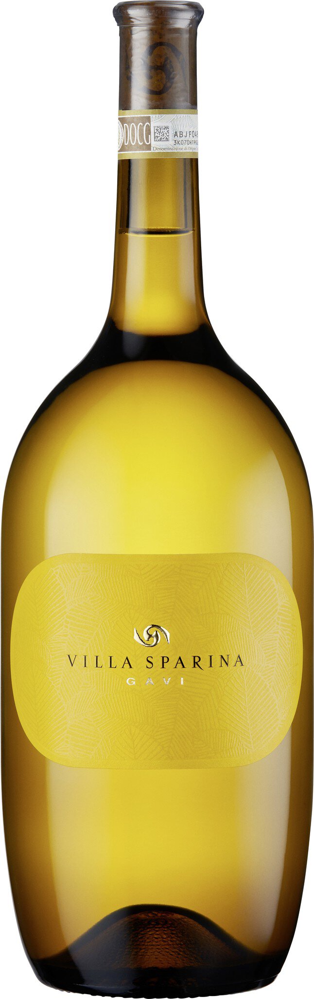 Eine große, flasche eines weißen Weins mit einem geraden Körper und einem schmalen Hals. Die Farbe des Weins ist gelblich. Es gibt keine sichtbaren Etiketten oder Text auf der Flasche.