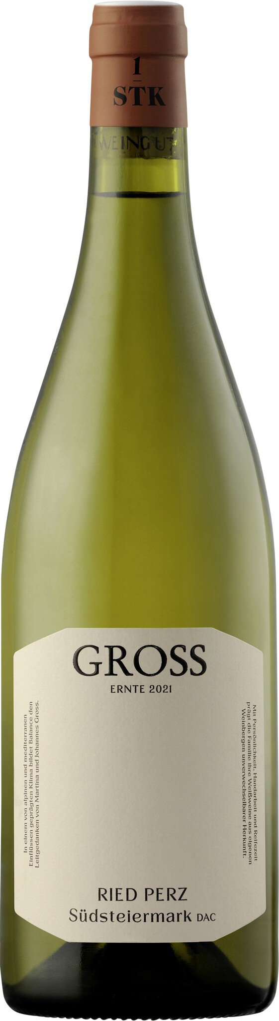 Eine Flasche Weißwein steht auf einem Tisch. Die Flasche hat eine schlanke, grüne Form und einen Korken. Das Etikett trägt den Namen des Weins, umgeben von minimalistischem Design.