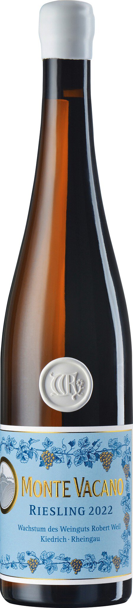 Eine elegante Weinflasche mit einem weißen Korken. Das Etikett zeigt blaue Weintrauben und den Schriftzug -MONTE VACANO Riesling 2022- sowie Informationen über das Weingut Robert Weil im Rheingau.