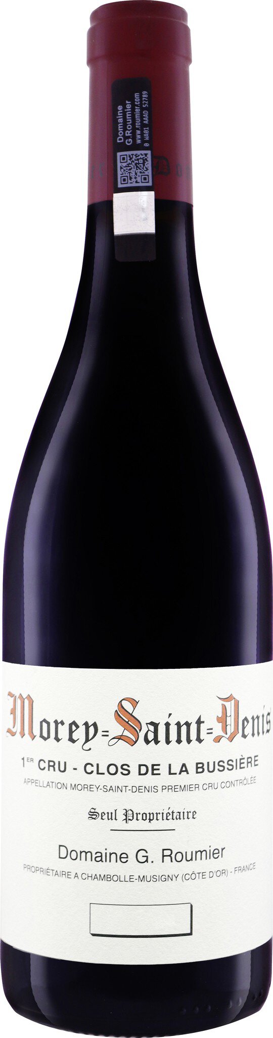 Eine Weinflasche mit rotem Korken und einer eleganten Etikette. Die Flasche steht auf einem neutralen Hintergrund und zeigt klassische Designelemente.