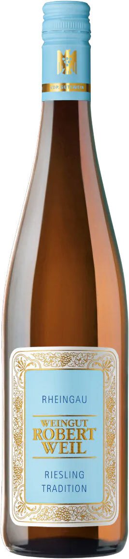 Eine Glasflasche mit einem blauen Etikett, gefüllt mit weißem Wein. Die Flasche steht auf einem neutralen Hintergrund und hebt die elegante Form und den Inhalt hervor.