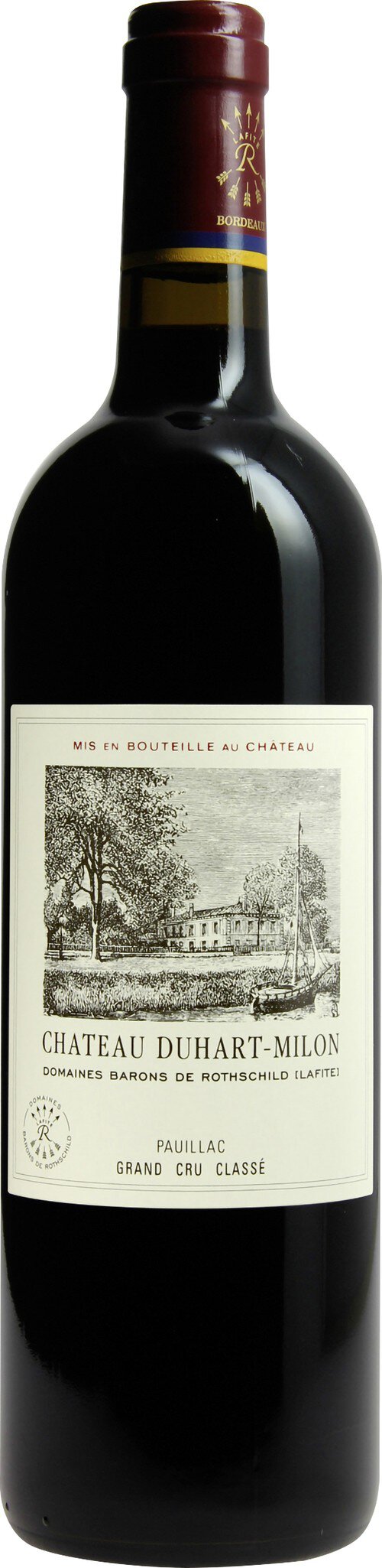 Eine Flasche Rotwein steht aufrecht. Der Flaschenhals ist braun, die Etikette zeigt eine Schwarz-Weiß-Illustration mit Text. Der Hintergrund ist neutral und hell.