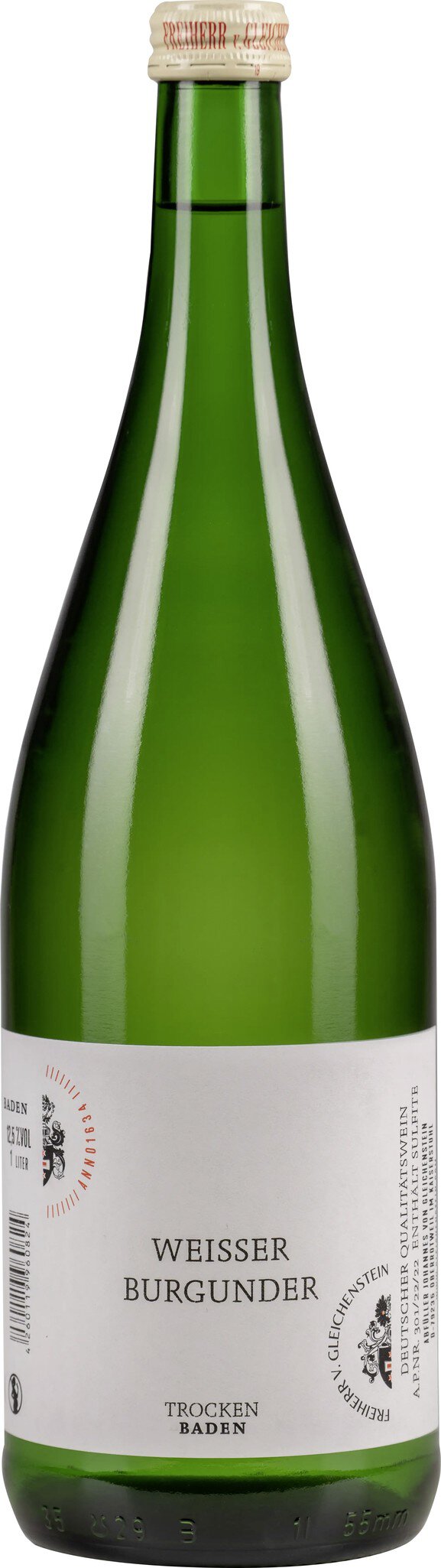 Eine grüne Weinflasche mit einem schmalen Hals und einem Korken. Das Etikett ist schlicht und zeigt den Namen des Weins sowie Informationen über den Jahrgang.