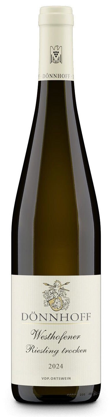 Ein Flasche Weißwein steht auf einem weißen Hintergrund. Die Flasche hat eine schlanke Form mit einer hellen Etikette, die den Namen und einige Informationen über den Wein enthält.