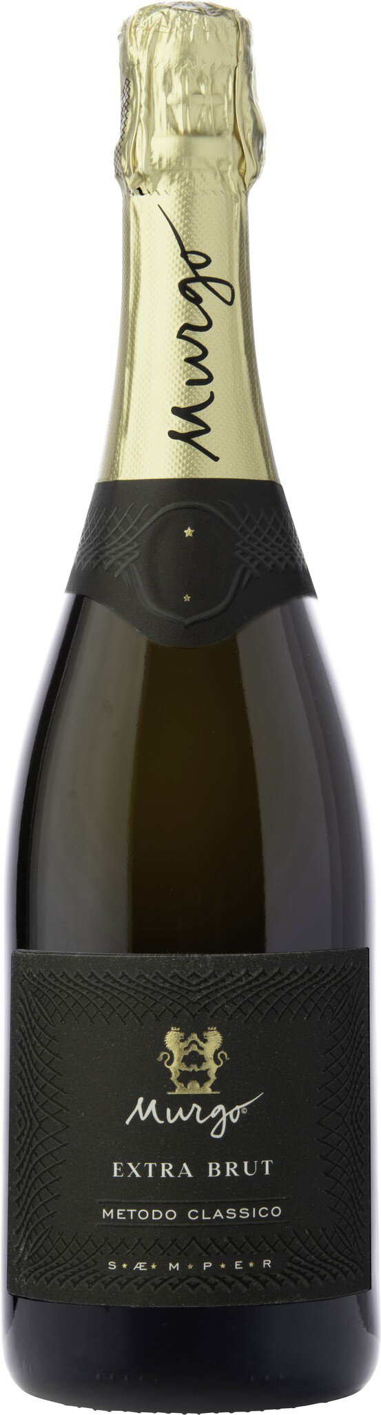 Eine elegante Flasche Sekt mit schwarzer Etikettierung und goldenem Deckel steht auf einem neutralen Hintergrund. Die Flasche wirkt luxuriös und ansprechend, ideal für gehobene Anlässe.