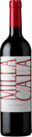 Eine Flasche Rotwein mit einem roten Korken. Die Etikette ist hell mit einem grafischen Design und einem klaren Schriftzug. Der Fokus liegt auf dem Weinbehälter vor einem neutralen Hintergrund.