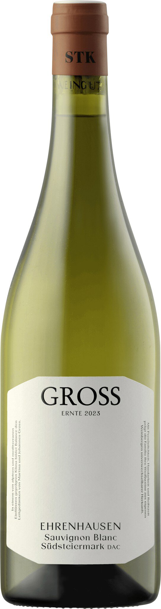 Eine Flasche Weißwein mit einem schlanken, grünen Glasdesign und einem Korkenverschluss. Das Etikett ist schlicht, mit dem Namen des Weins in eleganter Schrift.