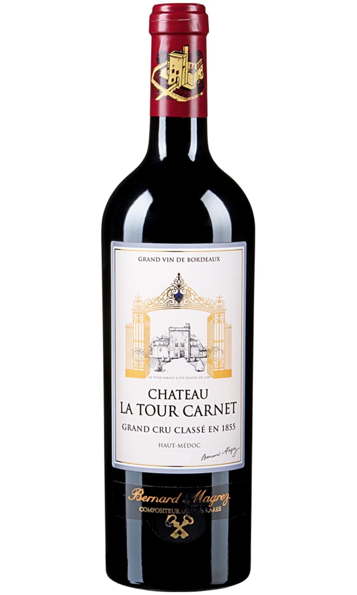 Eine Weinflasche mit einem roten Etikett. Die Flasche ist voll und hat einen goldenen Kapselverschluss. Das Etikett zeigt den Namen des Weins und eine stilisierte Abbildung eines Gebäudes.