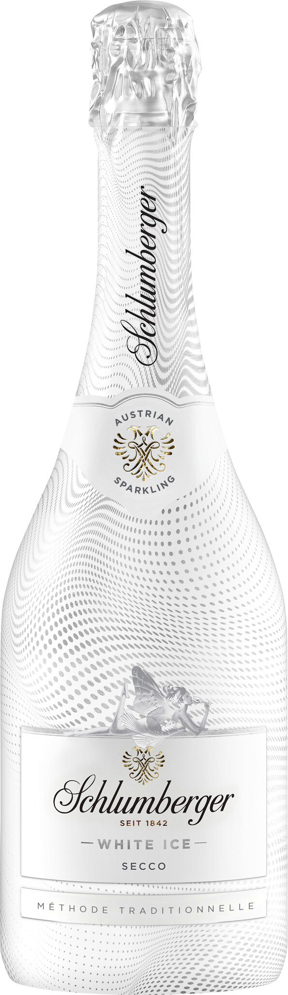 Eine Flasche Schaumwein mit silberner, wellenförmiger Oberfläche. Auf dem Etikett steht -Schlumberger- sowie -White Ice- und -Secco-. Der Stil wirkt elegant und modern.