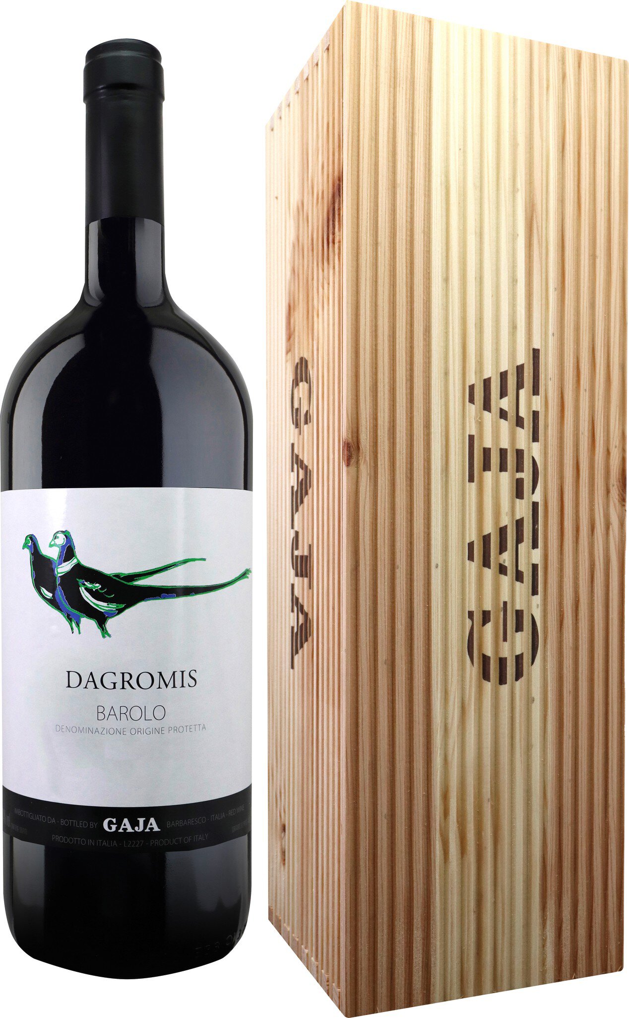 Eine große Flasche Rotwein mit etikettierter Vorderseite steht neben einer eleganten Holzkiste, die den Namen -Gaja- zeigt. Die Präsentation wirkt luxuriös und ansprechend.