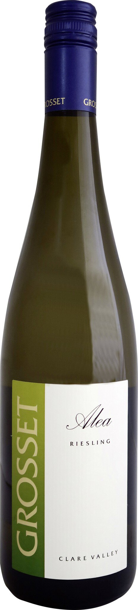 Eine Weinflasche mit einem schlanken, modernen Design. Der Korpus ist hellgrün mit einem weißen Etikett, das einen kleinen, grünen Schriftzug zeigt. Der Korken ist mit einer blauen Kappe versehen.