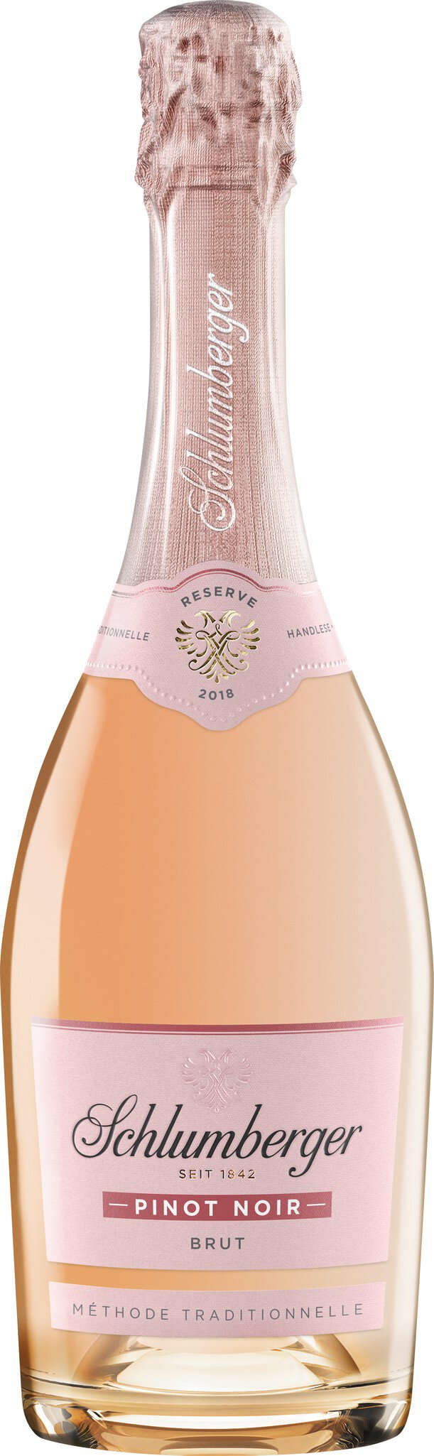 Eine Flasche Rosé-Sekt mit dem Etikett -Schlumberger, Pinot Noir, Brut-. Die Flasche hat eine elegante Form mit einem metallisch schimmernden Kapselverschluss. Der Inhalt ist hellrosa und zeigt einen klassischen, feierlichen Stil.