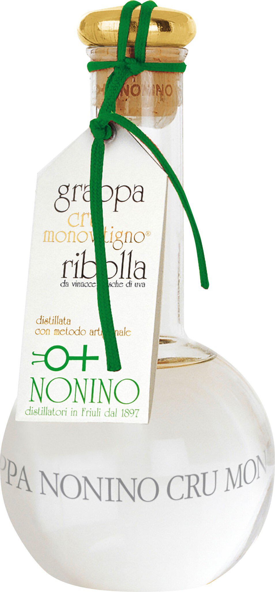 Eine elegante Flasche mit goldenem Schraubverschluss und grüner Schnur. Sie ist rund und weiß, mit einem Etikett, das Informationen über den Inhalt enthält.