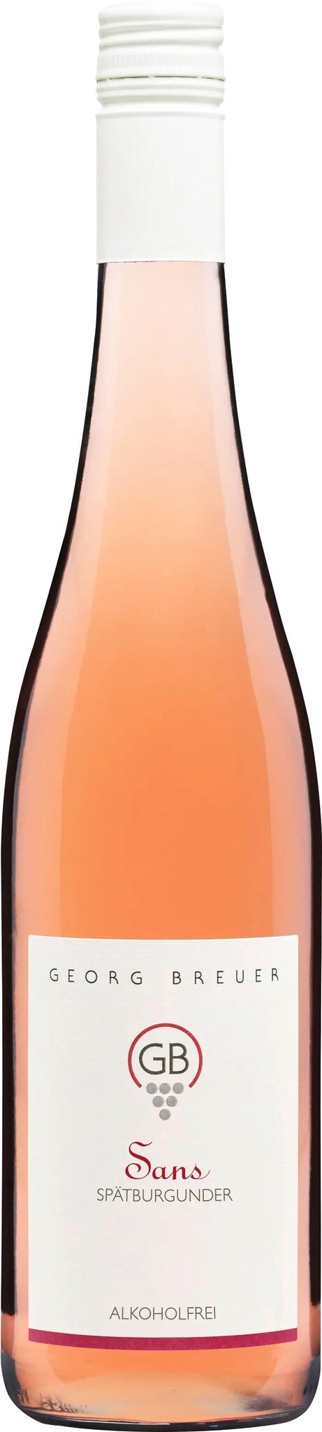 Eine Flasche Roséwein mit einer hellrosa Farbe und elegantem Etikett steht auf einem neutralen Hintergrund. Die Form der Flasche ist klassisch mit einem langen Hals.