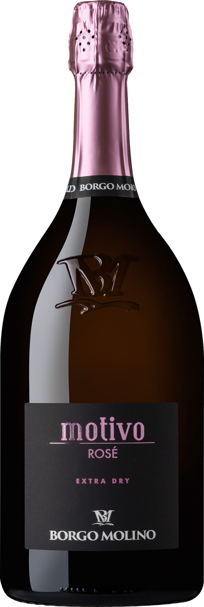 Eine Flasche Sekt mit einem rosafarbenen Korken und einem eleganten, dunklen Etikett. Die Flasche steht aufrecht und scheint frisch und bereit zum Servieren.