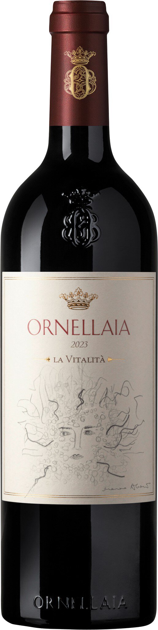 Eine Flasche Rotwein steht auf einem neutralen Hintergrund. Die Flasche hat eine dunkelrote Kappe und ein Etikett mit eleganter Schrift, das Informationen über den Wein enthält.