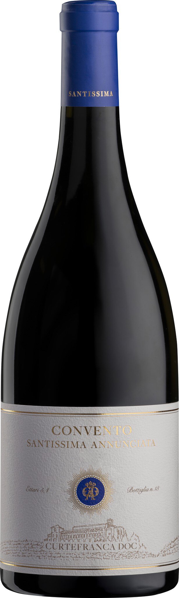 Eine elegante, schwarze Champagnerflasche mit einem langen Hals und einem runden Etikett. Die Flasche befindet sich auf einem neutralen Hintergrund.