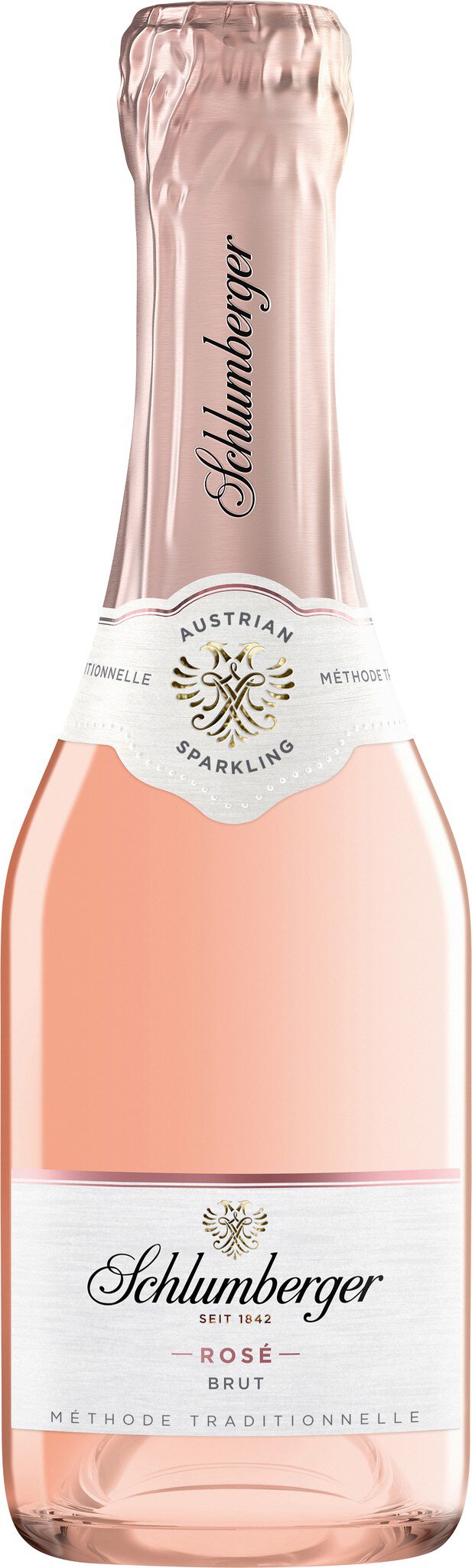 Eine Flasche rosa Sekt mit einem glänzenden Korken. Die Etikettierung enthält den Namen -Schlumberger- sowie die Hinweise -Österreich-, -Rosé-, -Brut- und -Méthode Traditionnelle-.