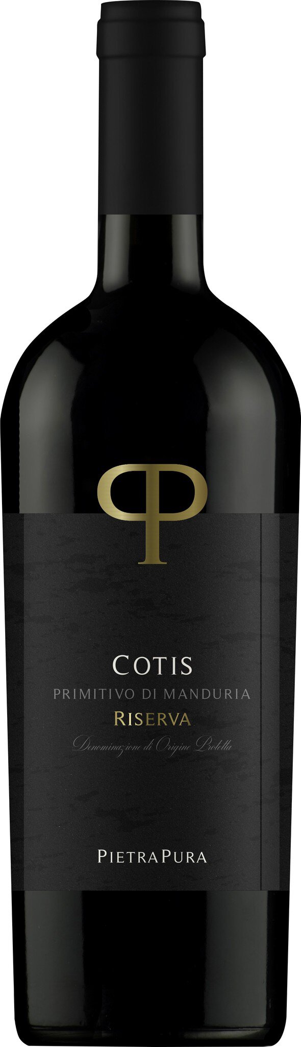 Eine elegante Weinflasche mit schwarzem Etikett. Darauf steht -Cotis Primitivo di Manduria Riserva- in weißem und goldenem Schriftzug. Die Flasche ist schlicht, mit einem goldenen Logo versehen.