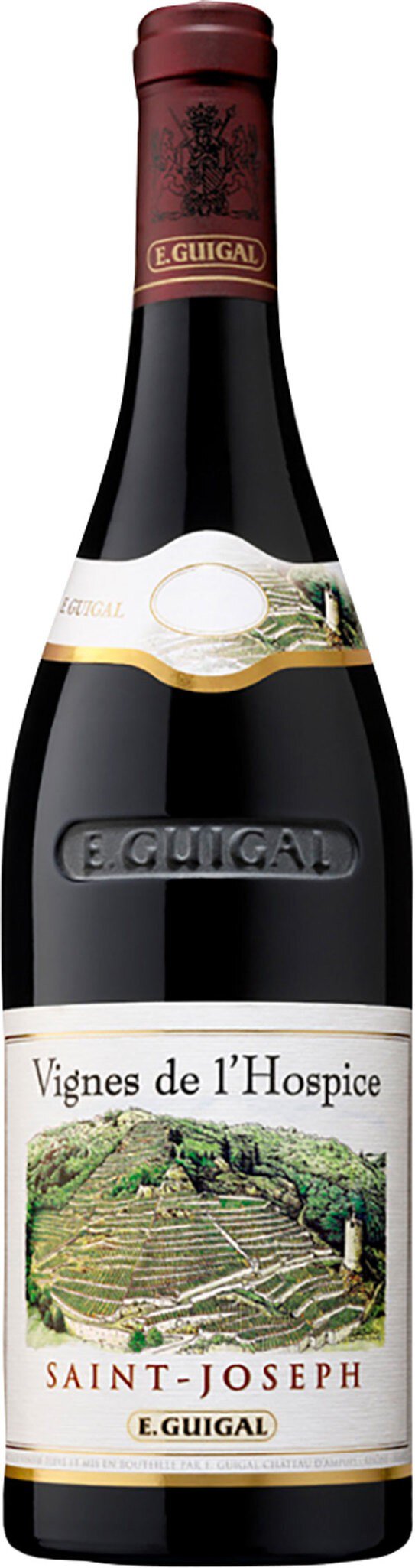 Eine Flasche Rotwein mit einem roten Korken und einem Etikett. Auf dem Etikett steht -Vignes de l-Hospice, SAINT-JOSEPH, E. GUIGAL-, neben einer Abbildung von Weinbergen.