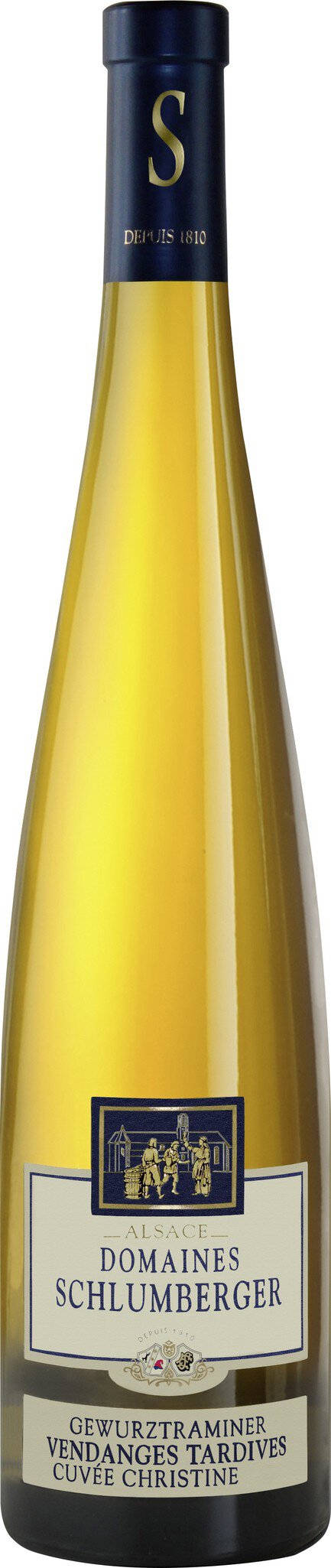 Eine Flasche Weißwein steht aufrecht. Sie hat eine schlanke Form mit einem goldenen Etikett und einem schwarzen Verschluss. Der Hintergrund ist neutral und unauffällig.