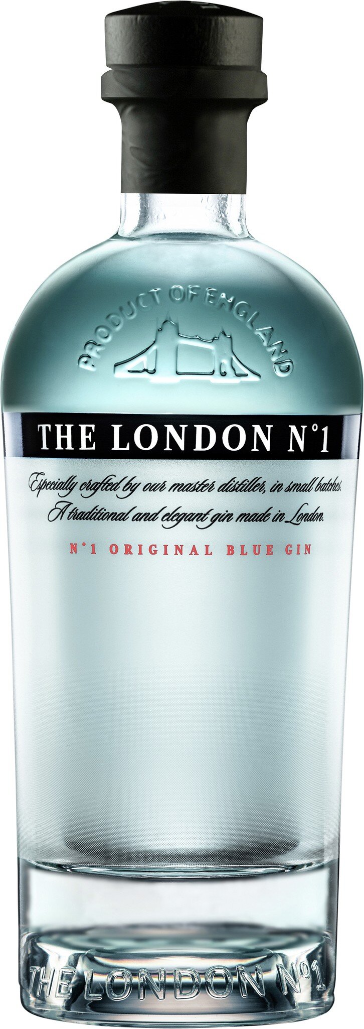 Eine elegante Flasche Gin mit einem klaren, hellblauen Inhalt und einem schwarzen Schraubverschluss. Die Etikettierung deutet auf ein hochwertiges Produkt hin, typisch für Premium-Spirituosen.