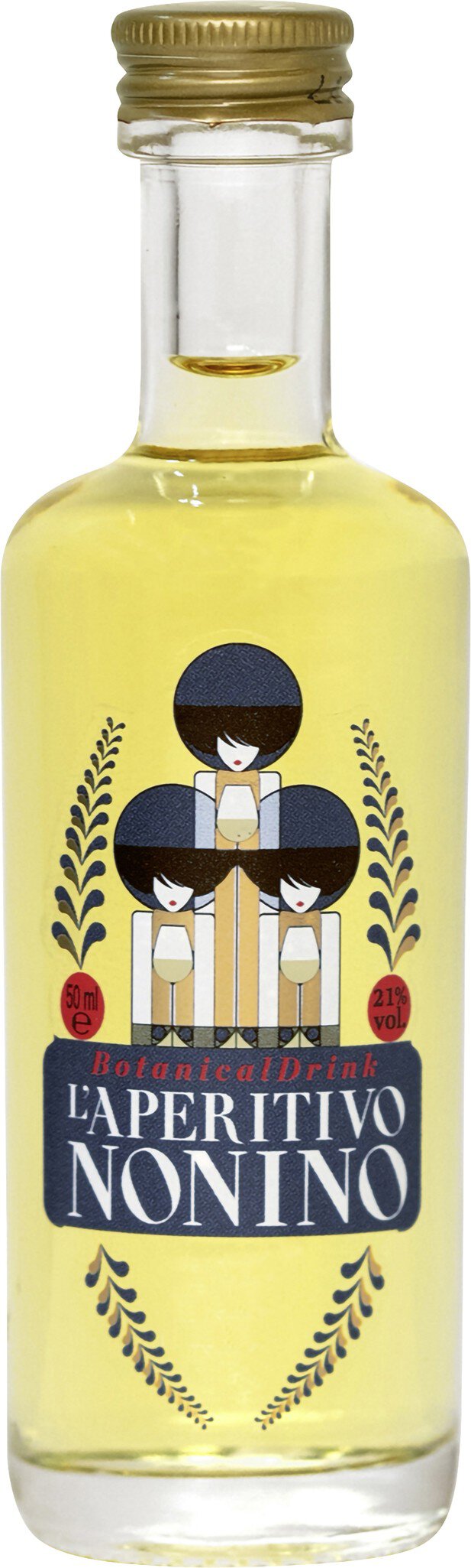 Eine Flasche Likör mit einer klaren, gelben Flüssigkeit. Das Etikett zeigt ein Logo mit stilisierten Figuren und Schriftzügen. Der Flaschenverschluss ist goldfarben und wirkt elegant.