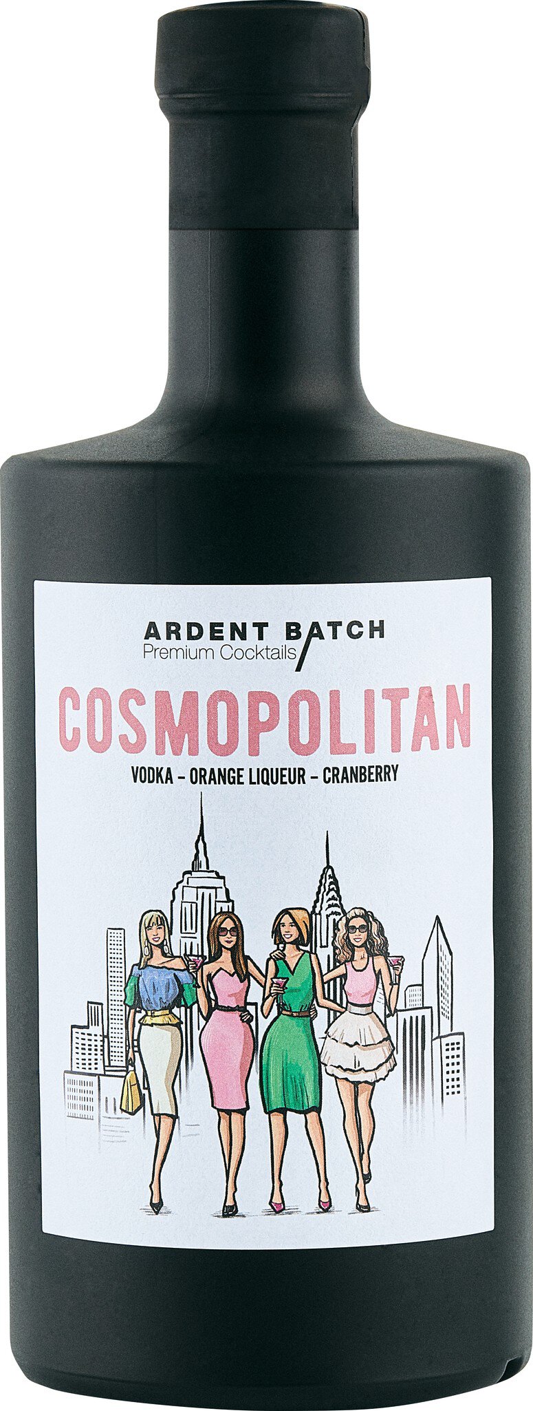 Eine schwarze Flasche mit einem weißen Etikett. Auf dem Etikett sind vier Figuren abgebildet, die modisch gekleidet sind. Der Text auf dem Etikett ist unleserlich.