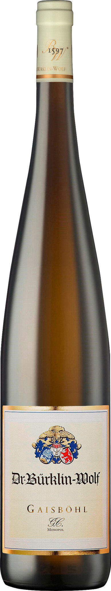 Eine schlanke Weinflasche mit einem hellen Etikett, das den Namen und das Logo eines Weinguts zeigt. Die Flasche hat einen Korkenverschluss und einen eleganten, klaren Stil.