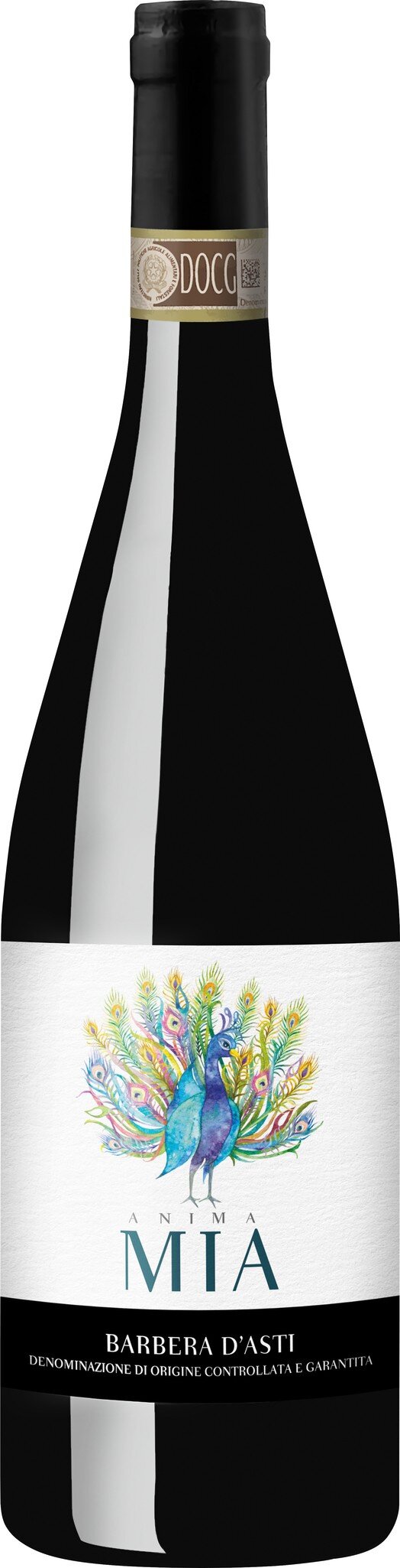 Ein eleganter Rotwein in einer schlanken Flasche mit einem weißen Etikett, das eine stilisierte Pflanzenillustration zeigt. Der Korken ist sichtbar im Flaschenhals.