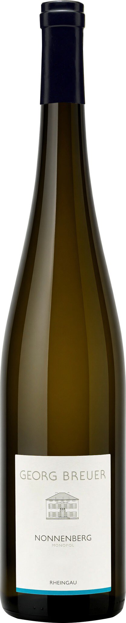 Eine elegante Flasche Weißwein mit schlanker Form und dunkelblauem Korken. Das Etikett ist schlicht und enthält minimale Informationen, was den luxuriösen Charakter des Weins unterstreicht.