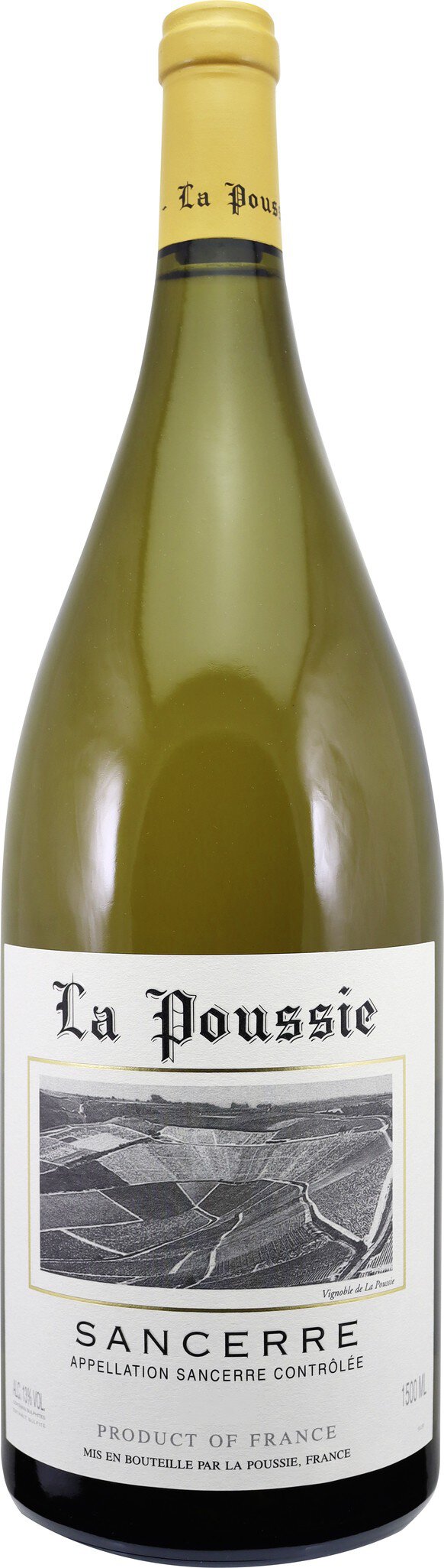 Eine Weinflasche mit einem gelben Korken. Das Etikett zeigt den Namen -La Maison- und enthält Informationen über den Wein. Die Flasche ist in einem neutralen Hintergrund platziert.