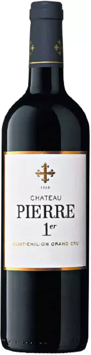 Eine rote Weinflasche steht aufrecht. Das Etikett zeigt den Namen -Chateau Pierre 1er- und die Bezeichnung -Saint-Emilion Grand Cru-, mit einer goldenen Verzierung oben.