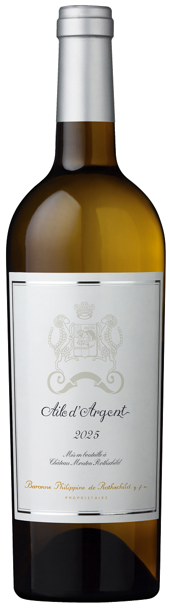 Eine Flasche Weißwein mit einem eleganten, klaren Design. Das Etikett zeigt den Schriftzug -Aile d-Argent 2025- zusammen mit einem Wappen und weiteren verzierenden Details.