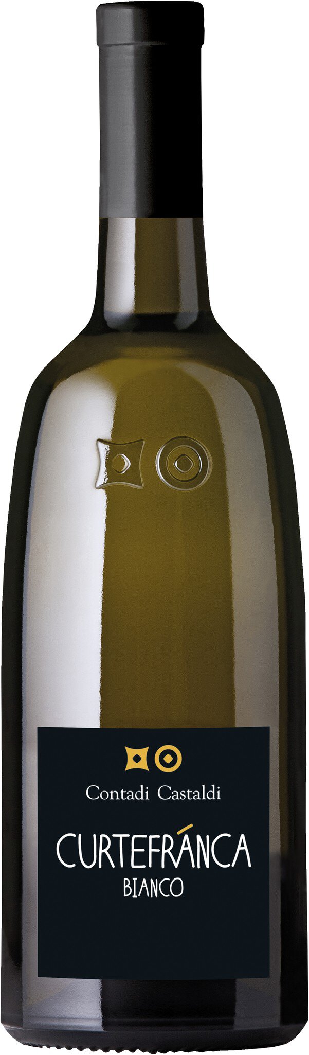 Eine Flasche Wein steht auf einem neutralen Hintergrund. Die Flasche hat eine elegante, runde Form mit einem langen Hals, und das Etikett ist in Schwarz und Gold gehalten, mit dem Namen des Weins.