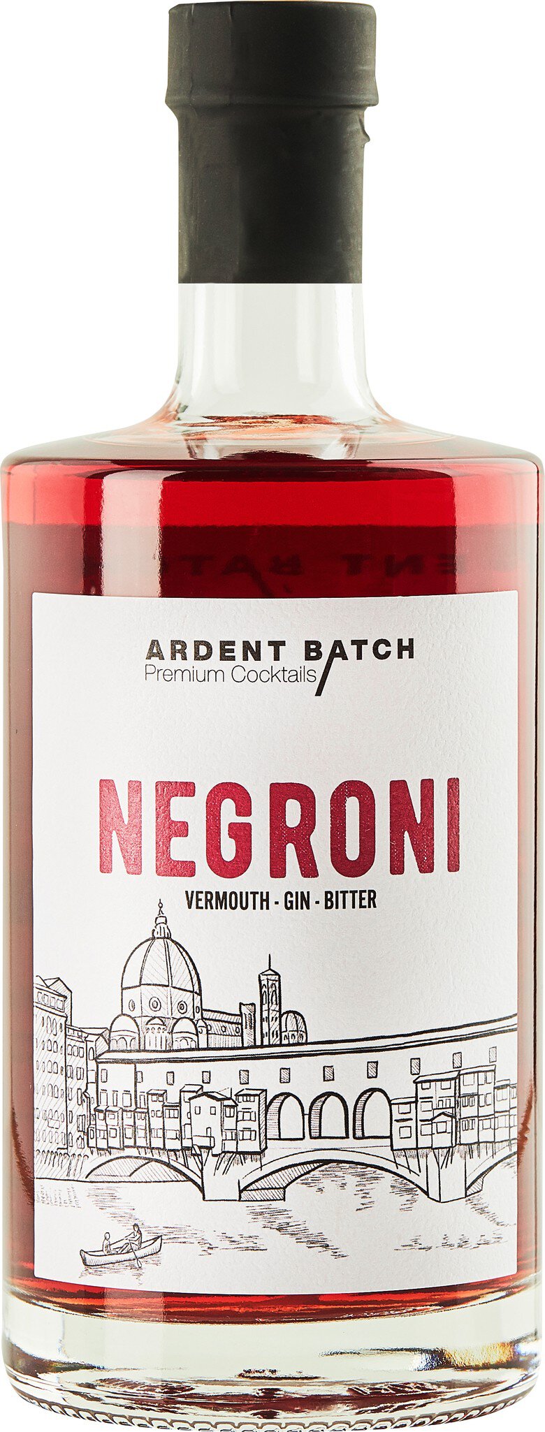 Eine Flasche Negroni mit roter Flüssigkeit ist abgebildet. Das Etikett zeigt eine skizzenhafte Darstellung einer Stadtansicht sowie den Schriftzug -Negroni-. Der Verschluss ist schwarz.
